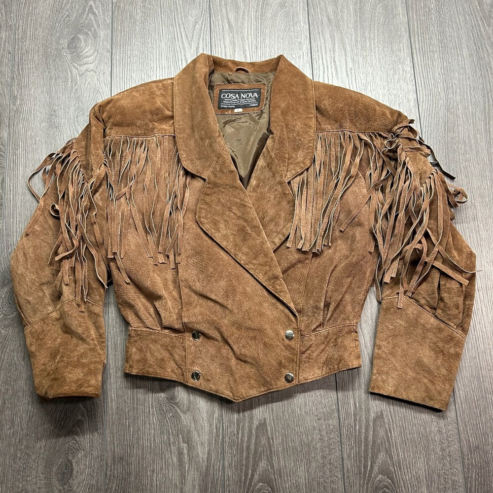 Cosa Nova Vintage 80s Brown Suede Fringe Small Western Cropped Jacket Tassels